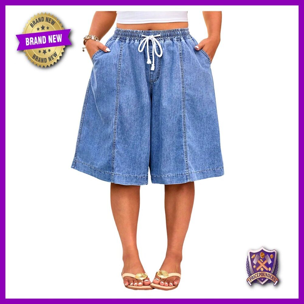 Plus Size Wide Leg Denim Shorts High Rise Elastic Waist Knee Length Casual